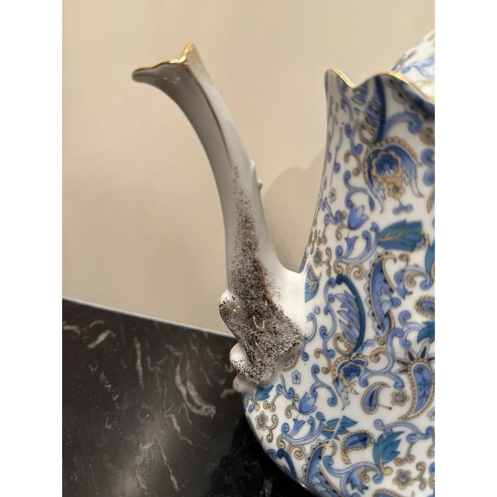 Vintage Blue Paisley By Lefton Cups And Saucers & Teapot For Four